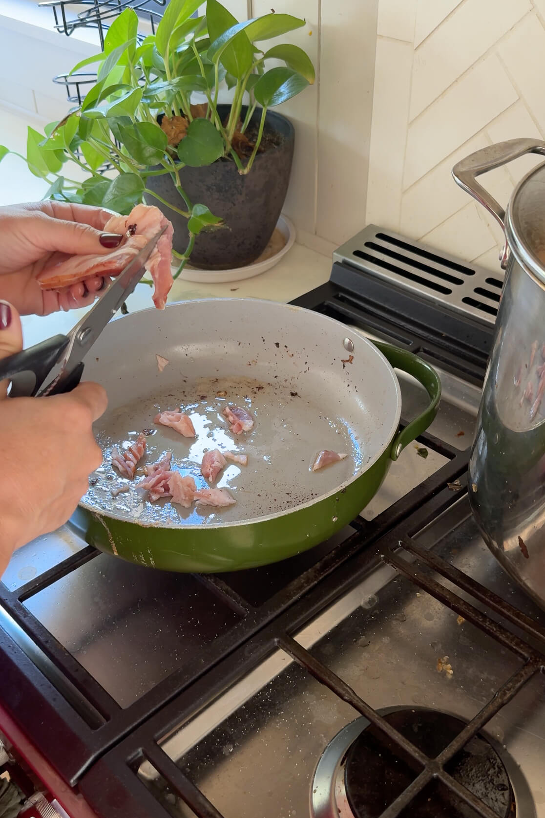 Cutting up bacon for my brisket chili recipe.